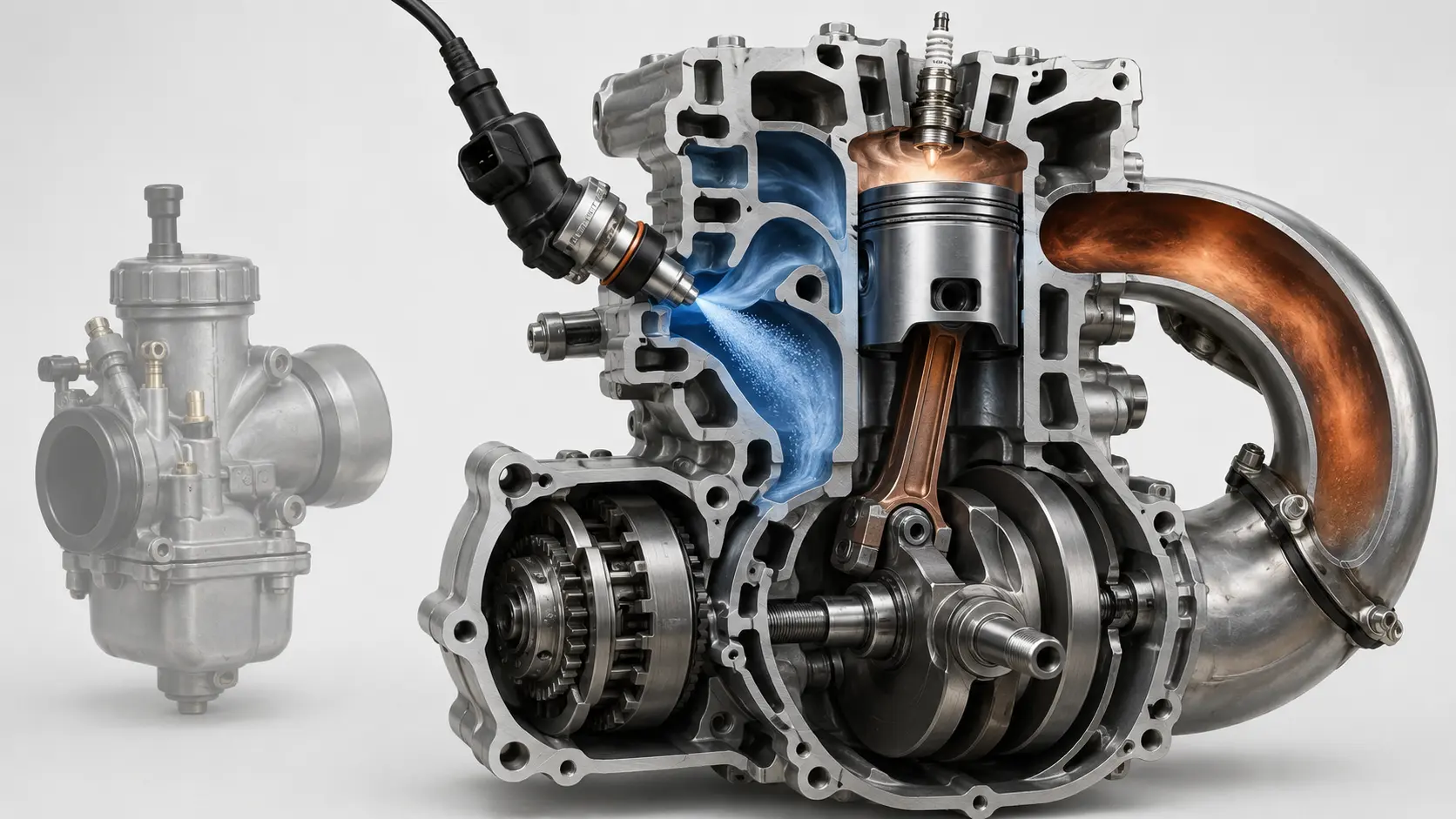 Close-up cutaway of a 2-stroke TPI system showing the fuel injector on the cylinder wall transfer port beside an old carburetor.