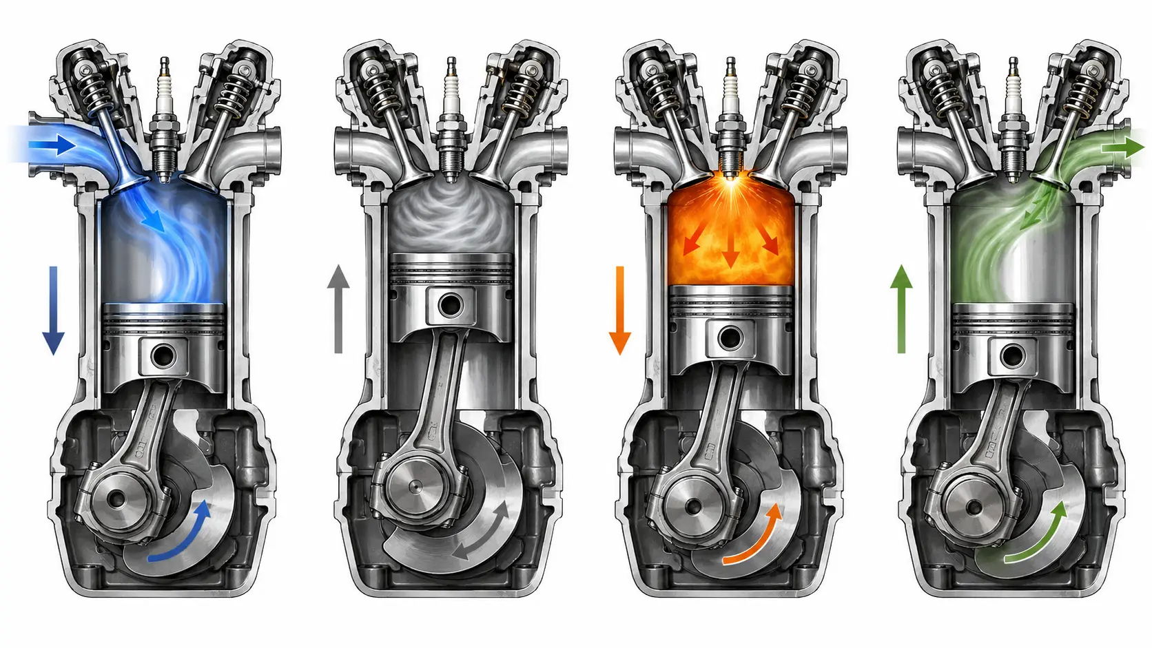 4-stroke engine diagram with four panels showing intake, compression, power, and exhaust stages.